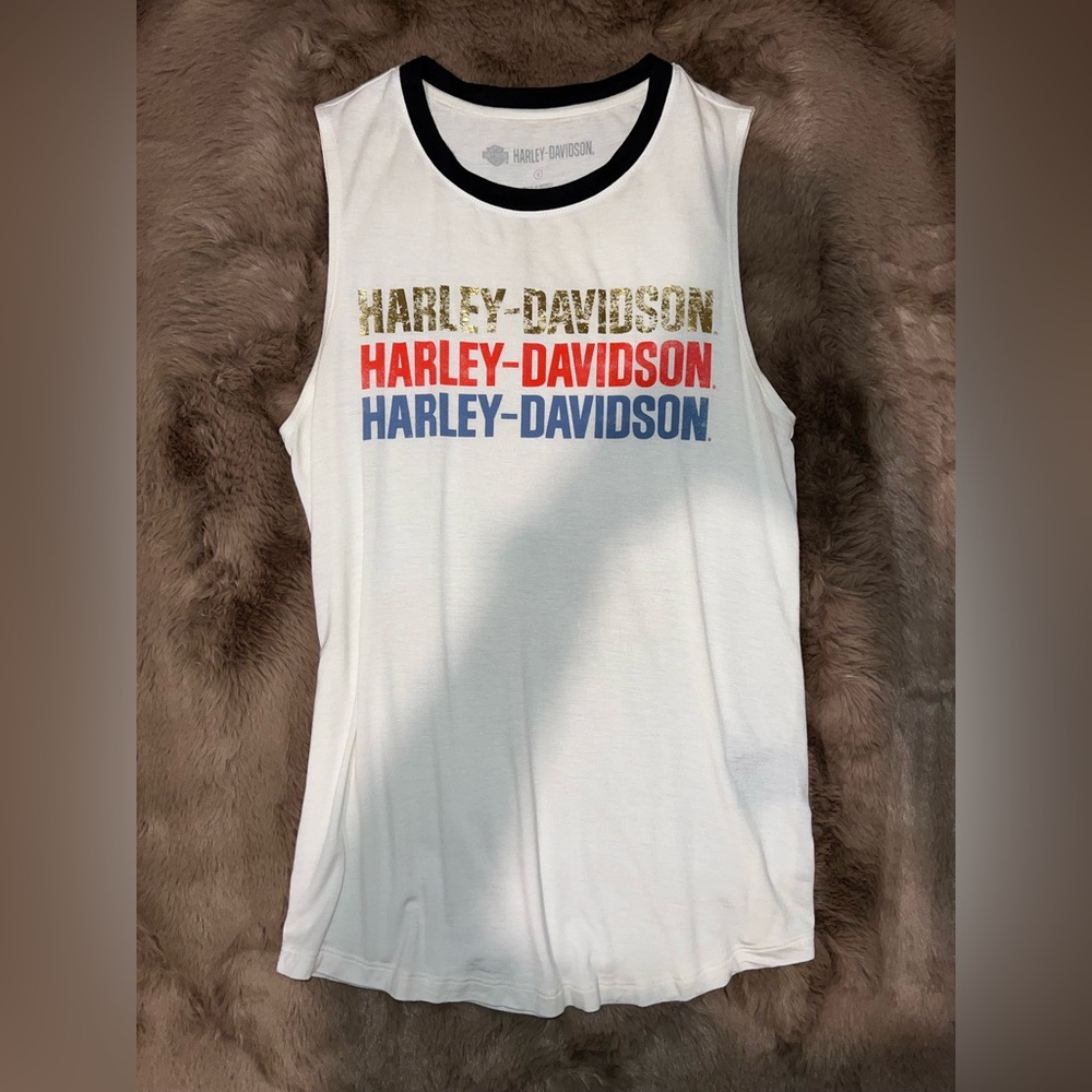 Harley-Davidson Women’s Stretch Tank Top Sleeveless T-Shirt Gold Foil Red Blue